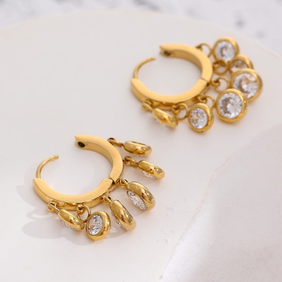 ^NEW 18K Gold Plated Round Diamond Drop Huggie Hoop Earrings - Picture 8 of 9
